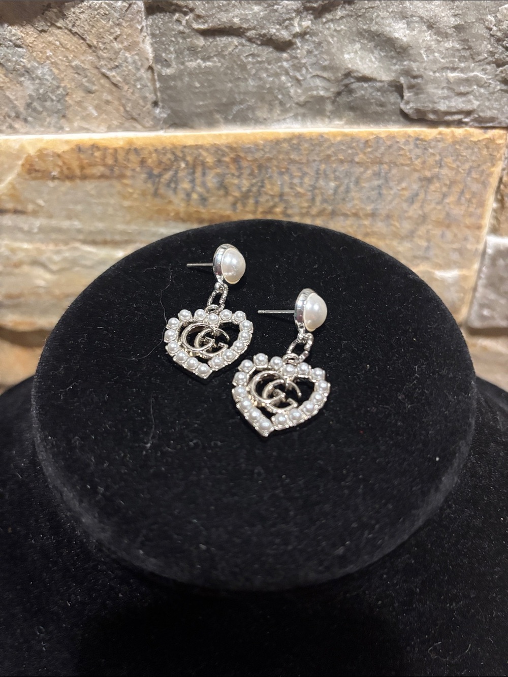 Pearl Top Silver Heart Drop Earrings with Pearl Accent